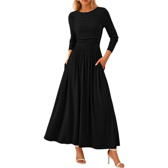 Women's Trendy Long Sleeve Dresses Ruched Flowy Black Women's Trendy Long Sleeve Dresses Ruched Flowy Black